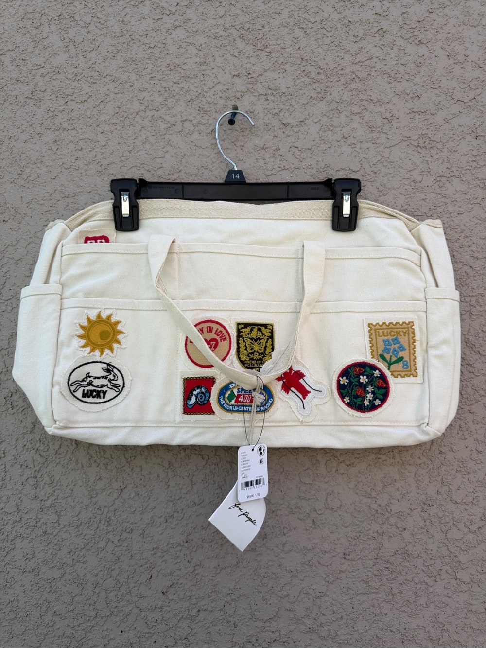 Free People Cream Canvas Tote with Embroidered Patch Accents